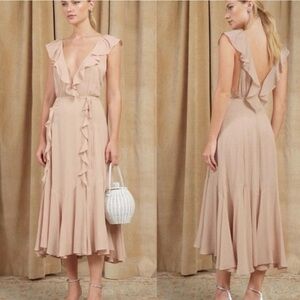 Reformation Paradise Midi Ruffle Wrap Dress in Champagne